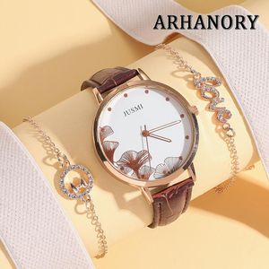 ARHANORY Women Quartz Watch With Bracelet Stylish Wristwatch Leather Strap for Ladies - Brown