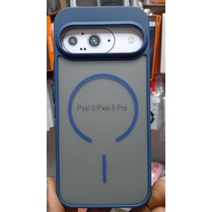 Magnetic Matte Shockproof Case for Google Pixel 9 / Pixel 9 Pro – Translucent Back Cover with Navy Blue Bumper