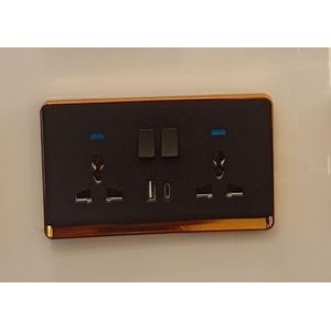 Modern Switched Double Universal Wall Socket with Dual USB Ports & LED Indicators (Matte Black with Gold Trim)