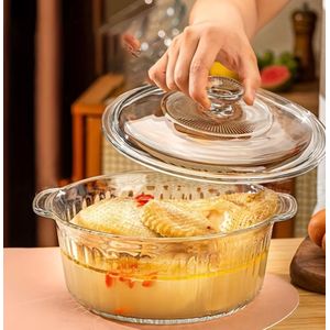 Clo Simple High-Temperature Resistant Glass Double-Handled Soup Pot with Lid, Transparent for Home Use, Suitable for Chicken Soup, Fish Soup, Microwave, Steaming, and Baking Glass Bowl