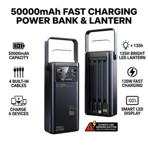 Pride Wolf Fast Charge Power Bank 50000 mAh with 4 Built-in Cables & LED Camping Light - Black