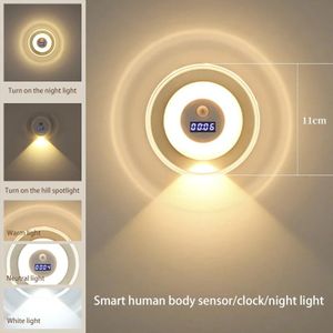 Smart LED wall lamp with remote control and motion sensor - bedside night light with clock and USB charging function