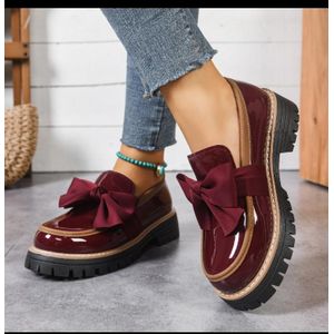 Ladies casual bowknot loafers  shoe  burgundy 