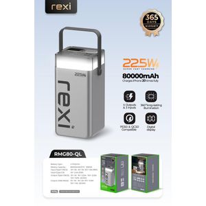 Rexi 80,000.mAh Ultra-High Capacity Power Bank - 22.5W Super Fast Charging With LED Light & Digital Display - RMG80-QL