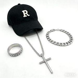 Luxury Men's 4-in-1 Urban Style Set - Iconic "R" Baseball Cap + Hip-Hop Cross Pendant Necklace + Cuban Link Bracelet + Vintage Carved Spinner Ring 