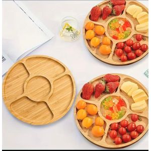 Clo A Bamboo Round Snack Tray with Five Compartments, Suitable for Serving Snacks, Storing Items, And Using on Coffee Tables. It Is Made of Food-Grade Materials And Is Perfect for Home Decor, Desserts, Snacks, And Fruits