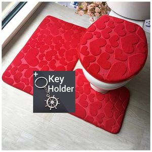 Charming 3 In 1 Toilet Floor Mat + Pedestal Rug + Toilet Lid Cover Foot Mat + Key Holder