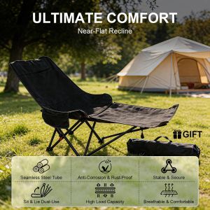 Portable Foldable Camping Chair With Leg Rest, 3-Level Adjustable Reclining Lounge Chair, Black