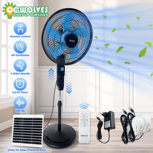 QCWOLVES 18 Inch Standing Fan, Rechargeable Pedestal Fan with 4 Speeds, Wide-Angled Oscillation, Remote Control, Powerful Airflow, Adjustable Height, Floor Fan for Bedroom with 2 LED Light Bulb, Black