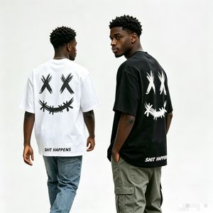 Men's 2-Piece Casual Smiley Face Print Short-Sleeve T-Shirt Set - Black and White