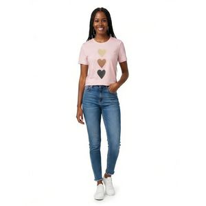 Pink short-sleeve T-shirt with three-color heart print