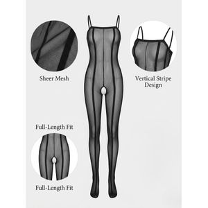 Hot Sexy Women Black Sheer Bodystocking Stripe Design Open Crotch Lingerie One Piece Body Stocking