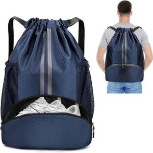 Blue Drawstring Backpack Water Resistant String Bag with Side Mesh Pockets Shoe Compartment Gym Backpack for Women & Men Navy