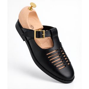 Mens Elegant black leather mule sandals