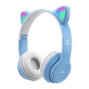 P47 P47M Cute Cat Ears BT5.0 Wireless Headphone Glow Light Stereo Bass Gaming Headset Over-Ear Sports Headsets Gift ( blue )