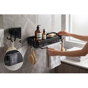 Wall-Mounted Bathroom Storage Shelf with Towel Bar & Hooks – No-Drill Adhesive Rack – Black