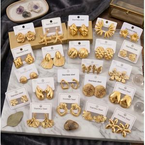 Clo Any 6 Pairs of Stylish and Elegant Stainless Steel Flower and Starfish Irregular Design Stud Earrings, Fashionable Geometric Irregular Earring Set