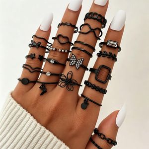 23Pcs Black Stackable Rings Set For Women, Butterfly Star Heart Wave Chain Rhinestone Hollow Flower Open Finger Rings, Punk Hip Hop Daily Party Jewelry Gift