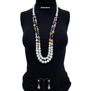 Elegant Dual-Layer Faux Pearl & Multi-Color Beaded Necklace and Earring Set
