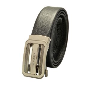 Fosongya Men's Automatic Ratchet Belt - No Hole Micro Adjustable Slide Buckle - Black Leather Strap - Anti-Rust Silver Buckle