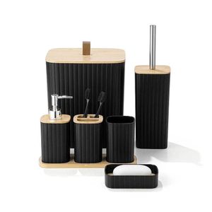 6-piece bathroom accessories set features a black ribbed design with natural bamboo accents