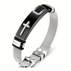 Men's Christian Cross Stainless Steel Bracelet – Adjustable Mesh Wristband