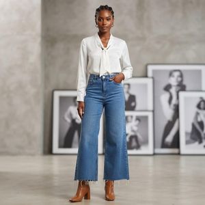 Women's High-Waisted Wide Leg Jeans – Medium Wash Cropped Flare Denim Pants with Raw Frayed Hem