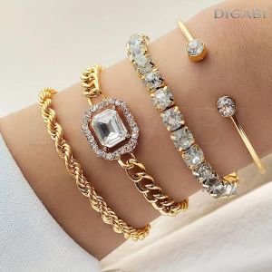 Digabi 4pcs Women's Statement Punk Style Twisted Chain Rhinestone Bracelet Set