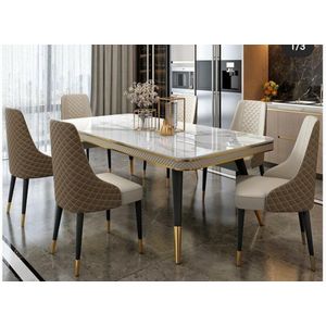 Exquisite Sleek Luxury 6-Seater Dining Table Set – Premium Marble-Effect Top with Upholstered Chairs  10 Years Warranty