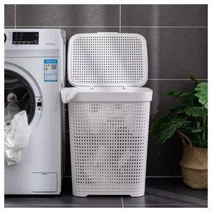 Foldable Rattan-Style  Laundry basket with Lid – Large Capacity Clothes Storage Hamper – White