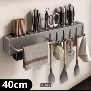 1pc, 40cm New Multifunctional Wall-Mounted Kitchen Storage Rack - Heavy Duty Carbon Steel Knife Holder, No-Drill Installation, for Home Or Restaurant to Store Knives, Utensils, And Cutting Boards. Space-Saving Design, Equipped with ABS Hooks