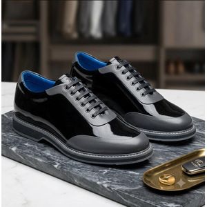Men's Luxury Patent Leather Oxford Shoes Formal Lace-Up Business Dress Shoes – Black & Grey