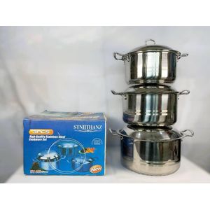 3-piece Stniithanz High-Quality Stainless Steel Cookware Set (Model: ST-330), which features deep cooking pots with matching metal lids designed for regular stove surfaces and induction cooking.