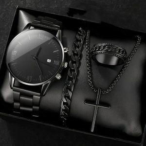 4PCS Wrist Watch for Men with Necklace, Ring & Bracelet, Gift for Men