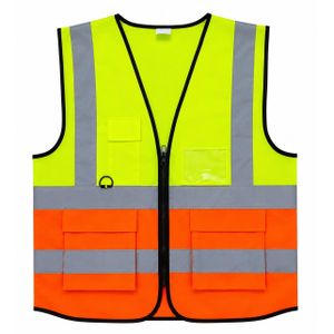 High Visibility Reflective Safety Vest - Yellow & orange Work Vest with Pockets & Zipper 