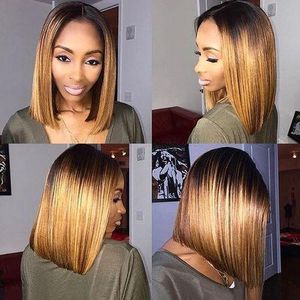Piano Straight Blunt Bob  Genuine  Wig With T Lace Closure Highlight