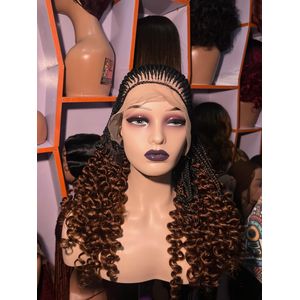 Genetic Luxury Braided Lace Front Wig with Curly Ends – Handwoven Knotless Cornrow Wig, Two-Tone Brown & Black, Natural Look, Lightweight & Stylish
