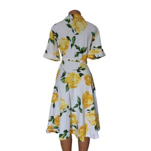 Unique floral yellow/white  quality women's Elegant Midi short sleeve Dress 