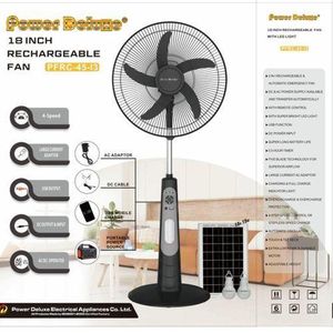 Fan Power Deluxe 18" Rechargeable Standing PFRC-45-I3, Solar + AC/DC, Remote, USB, LED Light, 2 Bulbs - 5 Blades