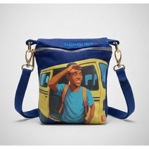 Nerousa Men’s Crossbody Bag – Yellow Danfo Graphic Denim Shoulder Bag - Messenger Bag – Gold Hardware – Blue