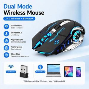 2.4G + Bluetooth 5.0 Wireless Gaming Mouse - Rechargeable, Silent Click, 2400 DPI Adjustable, RGB Ergonomic Mice for PC/Laptop