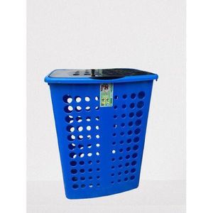 Plastic laundry basket with a lid. 