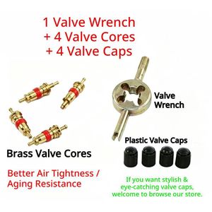 Tyre Valve Repair Kit, Valve Core Wrench + Brass Valve Cores + Valve Caps, For Car Motorcycle Bicycle Slow Air Leak Fix