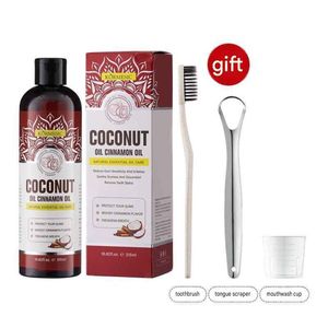 KORMESIC 3in1 Teeth Stain Removal, Tooth Whitenin* Cinnamon Oil with Coconut, Fresh Breath, Mouth Odor And Bacterial Removal, Contain Tongue Scrapper And Toothbrush, Natural,Alcohol Free Mouthwash to Help with Fresh Breath,Teeth Whitenin* and Gum Health - 315ML