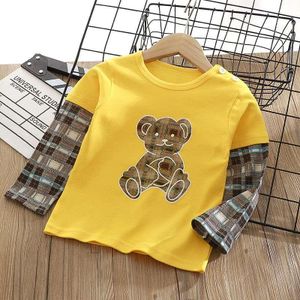 Kids’ Yellow Bear Graphic Top with Plaid Sleeves