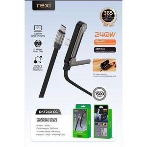 Rexi USB Type-C to USB Type-C Fast Charging Cable – 90-Degree Elbow Braided Data Cord with Built-in Folding Phone Stand Bracket for iPhone MacBook, iPad, and Android
