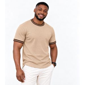 DAMBA Men’s Beige Waffle Round Neck T-Shirt - Premium Brown Trim Casual Top