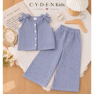 Girls Black White Striped Sleeveless Bow Tie Shoulder Button-Front Crop Top & High Waist Palazzo Pants Set - 2 Piece Co-ord
