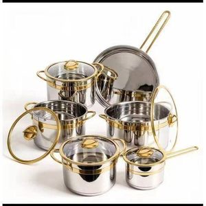 12-Piece Stainless Steel Cookware Set with Gold Handles & Glass Lids