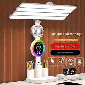Led Rechargeable,Touch Dimmable Eye Protection Reading/Table lamp Light ,Time Date Week Display Round Atmosphere Light Foldable Desk Lamp With Fan Pen Container